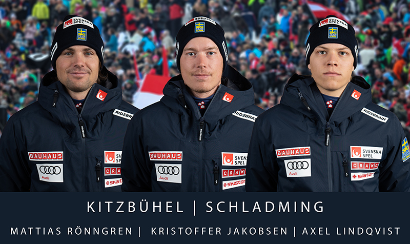 Mattias Rönngren, Kristoffer Jakobsen och debutanten Axel Lindqvist startar i Kitzbühel och Schladming.