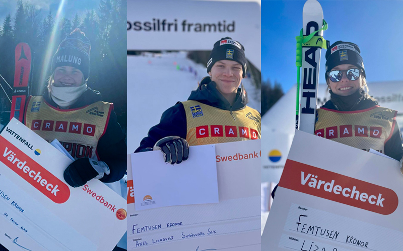 Vinnarna Lisa Ekström, Axel Lindqvist och Liza Backlund från sista etappen av Alpine Elite Tour 2022/2023.
