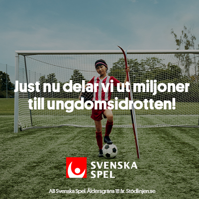En flicka framför ett fotbollsmål som håller i ett par skidor. Framför finns texten Just nu delar vi ut miljoner till ungdomsidrotten! och Svenska Spels logotyp.