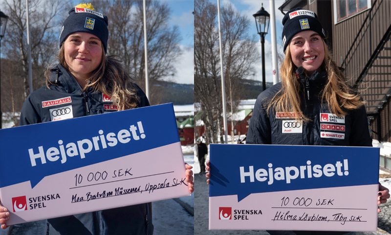 Moa Boström Müssener och Hilma Lövblom får ta emot 10 000 kronor vardera i form av Svenska Spels Hejapris för sina cupvinster i Europacupen.