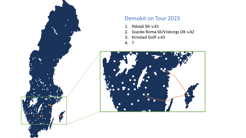 Karta över aktuell position på demokit för skidaktivitetsområde längd och rullskidor från Lier Plast